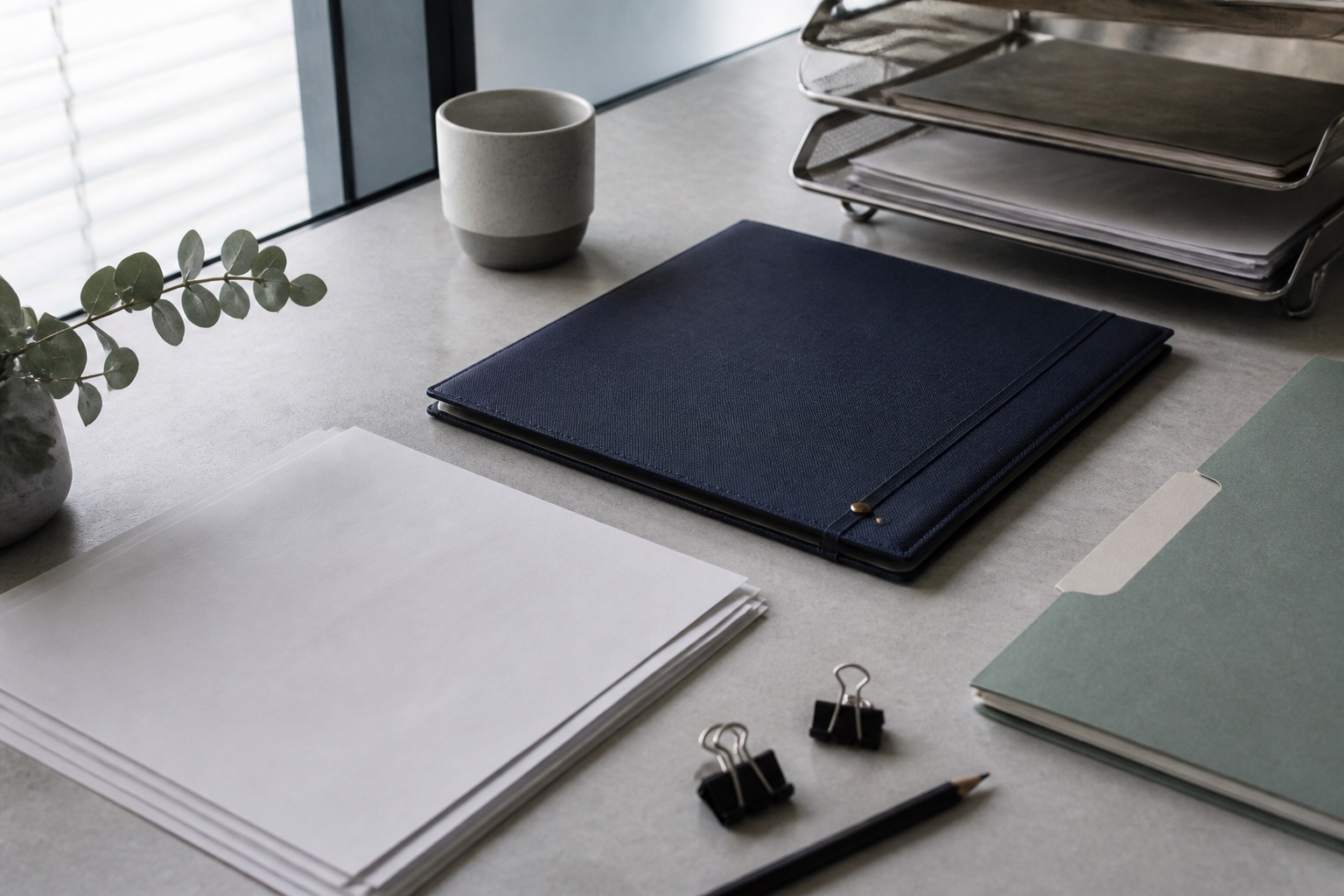 An orderly worktable with folders and company documents prepared for review